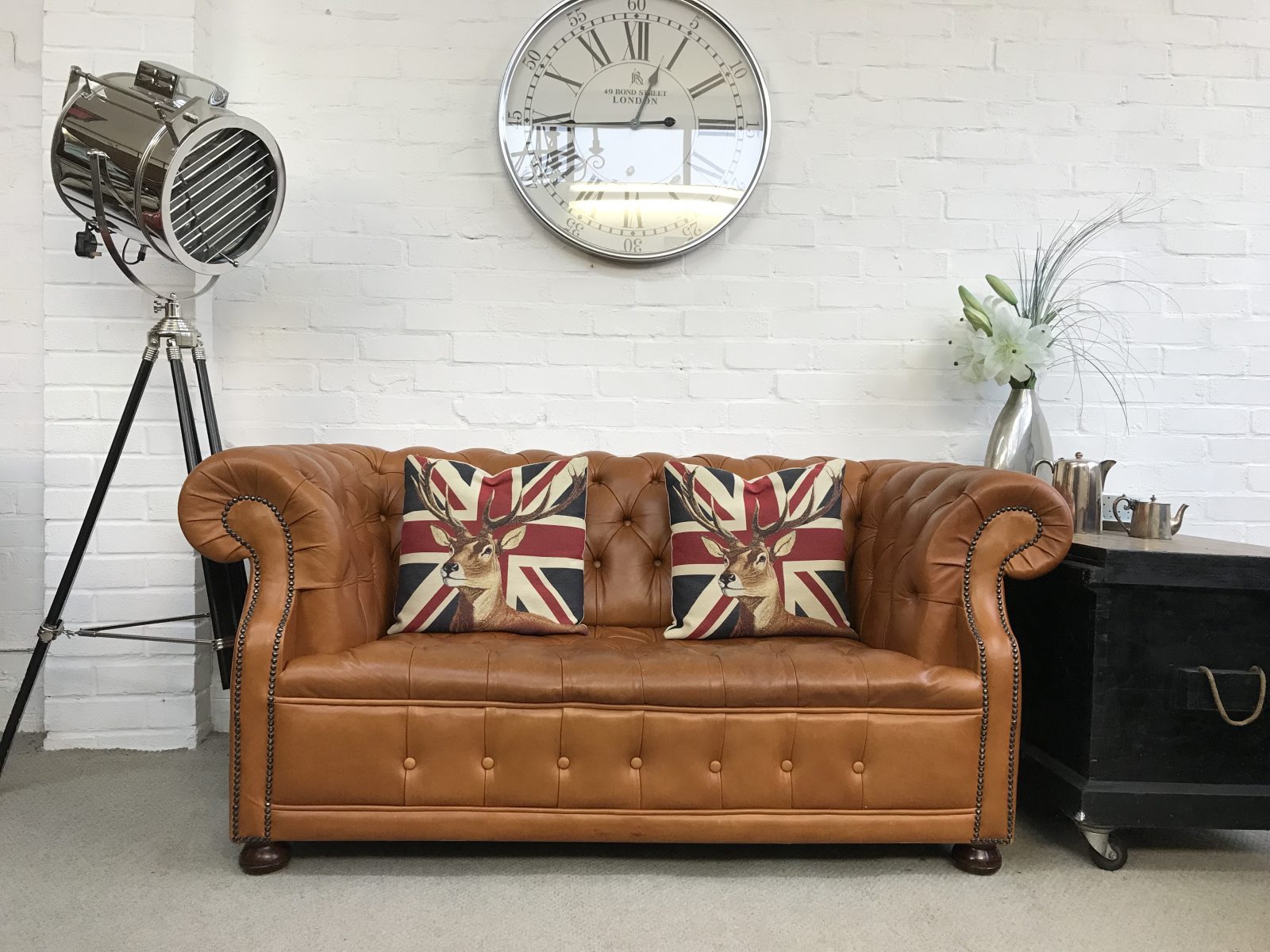 Saddle Tan Chesterfield Sofa And Footstool.
