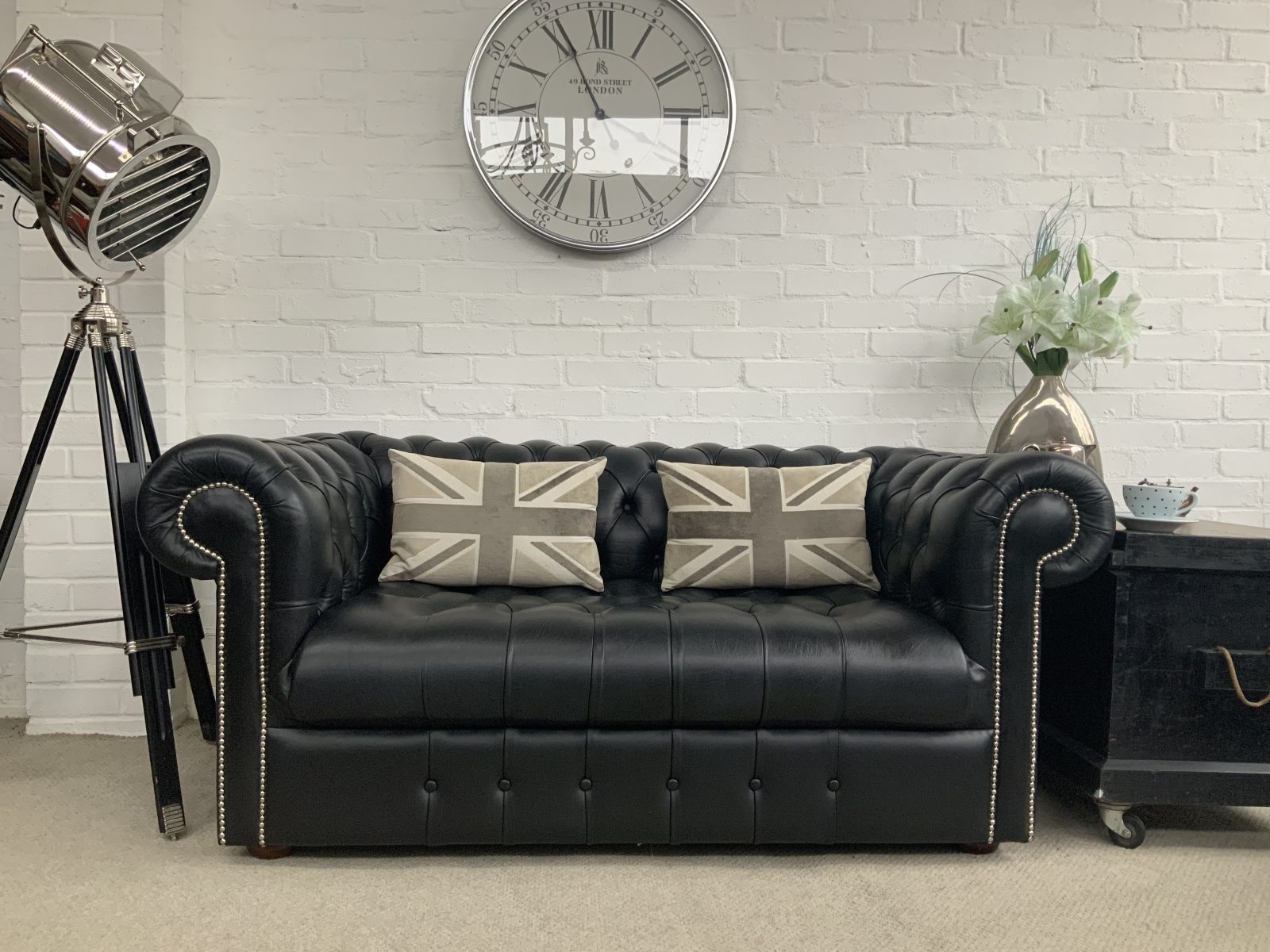 Classic Black 2 Seater Chesterfield Sofa.