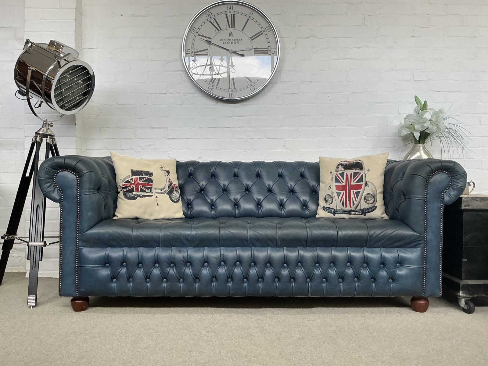 Denim Blue 3 Seater Chesterfield Sofa.